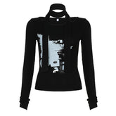 Contrast print long sleeve round neck top